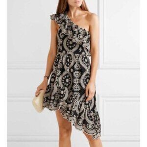 LoveShackFancy Pamela Eyelet Ruffled One Shoulder Asymmetrical Dress